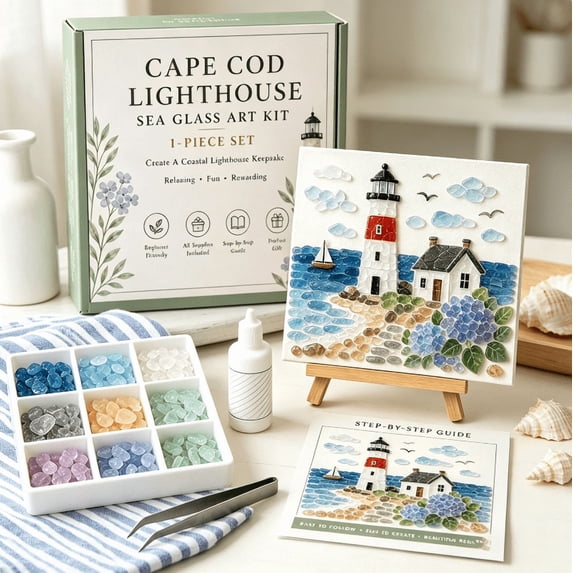 Sea Glass DIY Art Kit Cape Cod Lighthouse, Adult Mosaic Craft Kit with Tweezers Glue Multi‑Color Sea Glass Step‑by‑Step Guide, Creative Birthday & Holiday Gift