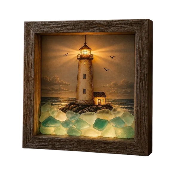 Sea Glass Decor, 8.46x8.46" Nautical Lighthouse Shadow Box, Decorative Button Battery Powered Nightlight for Cozy Bedroom Accent, bldnkj