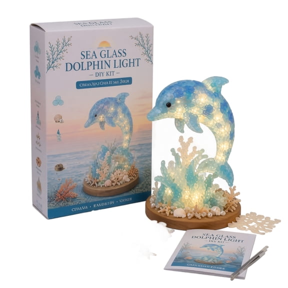 Sea Glass Dolphin DIY Craft Kit, LED Lighted Sea Glass Art Night Light, Ocean Marine Animal Tabletop Decor, DIY Underwater Landscape Ornament for Home Decoration & Gift