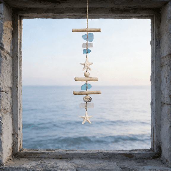 Sea Glass Driftwood Hanging Ornament with Resin Coastal Ocean Decor for Home Indoor Wall BLUE
