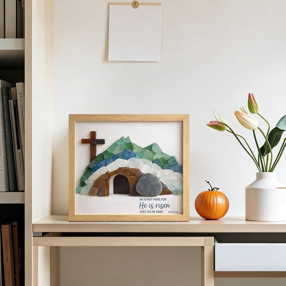 Sea Glass Empty Tomb Resurrection Wall Art, Christian Religious Easter Wall Decor, Handcrafted Spiritual Wall Sculpture for Home Living Room Bedroom Church Holiday Decoration
