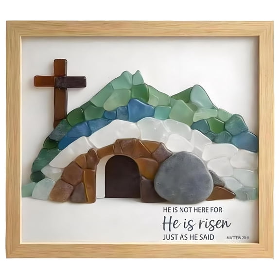 Sea Glass Empty Tomb Resurrection Wall Art, He Is Risen, Religious Sea Glass Frame Decor,Religious Easter Decoration for Home, Office Tabletop, Shelf Decor, Christian Gift for Mom