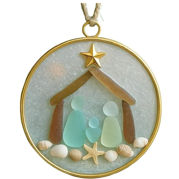 Sea Glass Friendship Ornament,Hanging Christmas Tree Ornament,Heart-Shaped Sea Glass Friendship Decor,Sea Glass Nativity Birth Christmas Ornament Inspired Sea Glass Handmade Nativity Scene Decoration