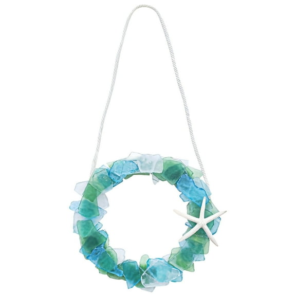 Sea Glass Wreath - Handmade 8.5 Inch Beach Garland, Handmade Coastal Style Wreath with Starfish, Christmas Decor Wreath for Home, Door, Window, Cabinet, Chair and Wall Decor (Blue)