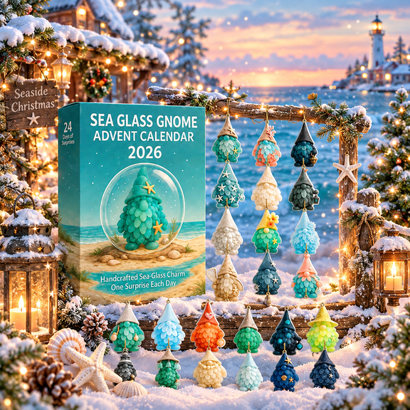 Sea Glass Gnome Advent Calendar 2026,24 Day Countdown with Sea Glass-Style Ornaments, Coastal Christmas Tree Ornaments for Wreaths, Windows & Gifts