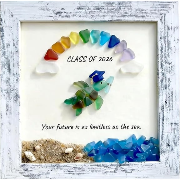 Sea Glass Graduation Art Class Of 2026 Keepsake Gift, Handmade Sea Glass Turtle Frame Decor for Home, Seaglass Wall Art With Rainbow & Turtles Cap, Graduation Gift for College Graduate