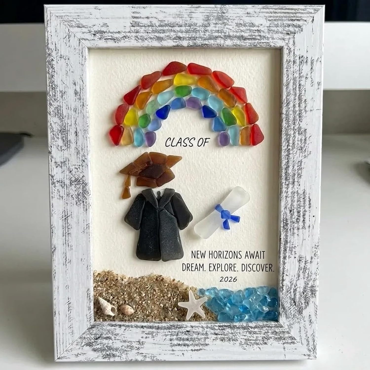 Sea Glass Graduation Gift Class of 2026, Rustic Wood Framed Wall Art, Rainbow Cap Coastal Decor, College High School Graduate Senior Present for Daughter Son Him Her(Q)