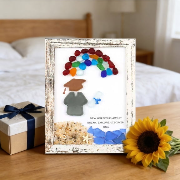 Sea Glass Graduation Photo Frame, 12x8 Inch Wooden Picture Frame with Crystal Accents, Commemorative Memory Holder for Home Office Study area