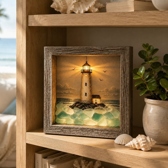 Sea Glass LED Shadow Box, Wooden Framed Nautical Wall Art, Battery-Operated Warm Glow Night Light, Coastal Decor for Tabletop or Hanging