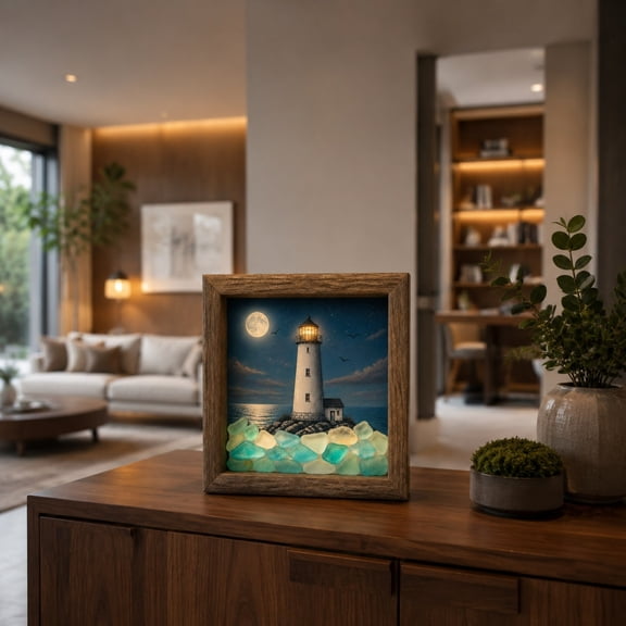 Sea Glass Led Light Box, Wooden Nautical Wall and Tabletop Decor, Battery Operated Coastal Night Light, Glowing Turtle and Sailboat Shelf Art for Beach House