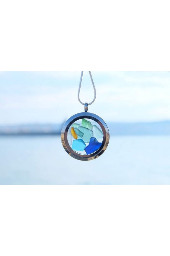 Sea Glass Locket Pendant Necklace - Miniature Pieces, Memory Medallion Gift for Beach Lovers