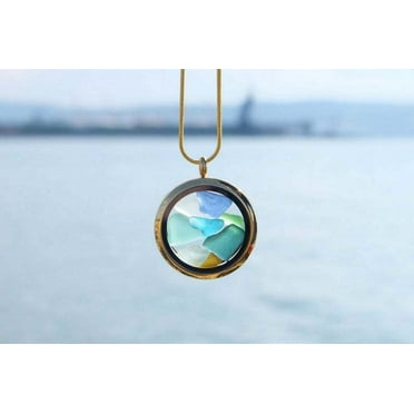 Sea Glass Locket Pendant Necklace - Miniature Pieces, Memory Medallion Gift for Beach Lovers