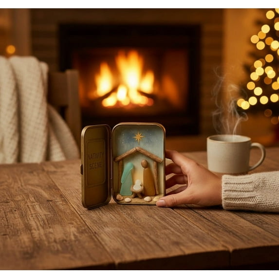 Sea Glass Mini Nativity Scene in a Tin Delicate Portable Heirloom Handmade Christmas Set with Driftwood, Coastal Faith Decor & Gifts for Lovers, Miniature Holiday Ornament