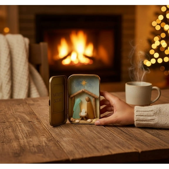 Sea Glass Mini Nativity Scene in a Tin Delicate Portable Heirloom Handmade Christmas Set with Driftwood, Coastal Faith Decor & Gifts for Lovers, Miniature Holiday Ornament