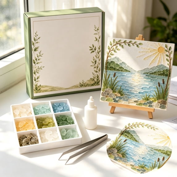 Sea Glass Mosaic Art Gift Kit, DIY Handmade Craft Set with Colorful Glass Pieces, Multiple Nature Patterns, Creative Present for Craft Lovers Home & Office Decor