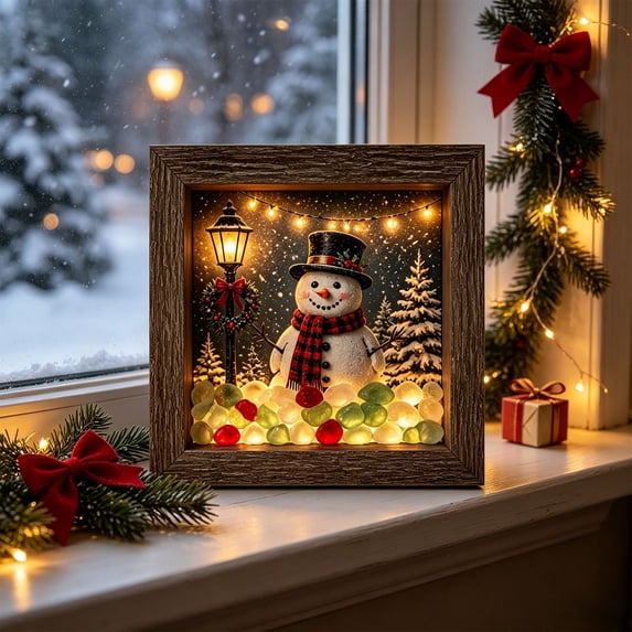 Sea Glass Night Light, Wooden Frame Battery Operated LED Table Lamp with Christmas Themes, Xmas Home Decor and Gift
