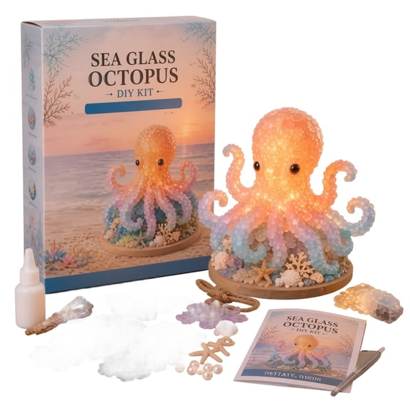 Sea Glass Octopus DIY Craft Kit, LED Lighted Sea Glass Art Kit, Ocean Themed Tabletop Night Light, DIY Sea Animal Landscape Decor for Home Ornament & Gift