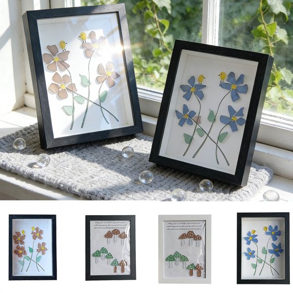 Sea Glass Photo Frame, Coastal Art Decor Frame with Handcrafted Mosaic Design for Desktop and Wall Display, Rustic Home Accent Gift, Vsgery