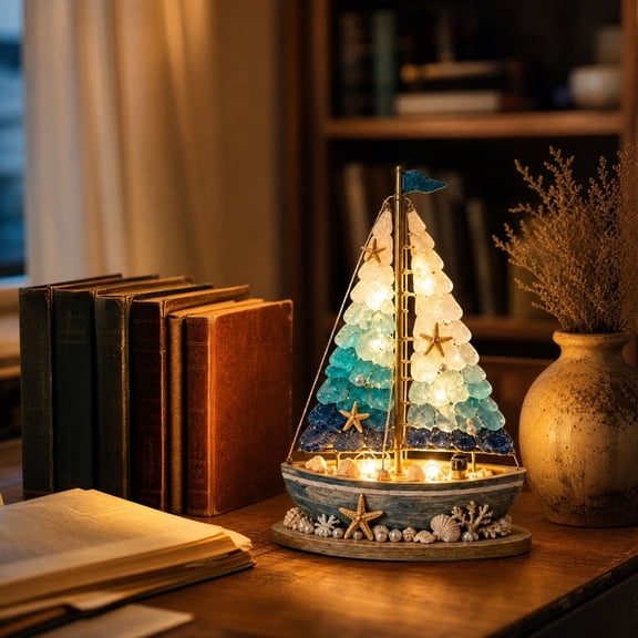 Sea Glass Sailboat Shaped Decorative Lamp, Nautical Themed Tabletop Ornament, Warm Glow Accent Light for Home Shelf Bedroom Living Room Decor