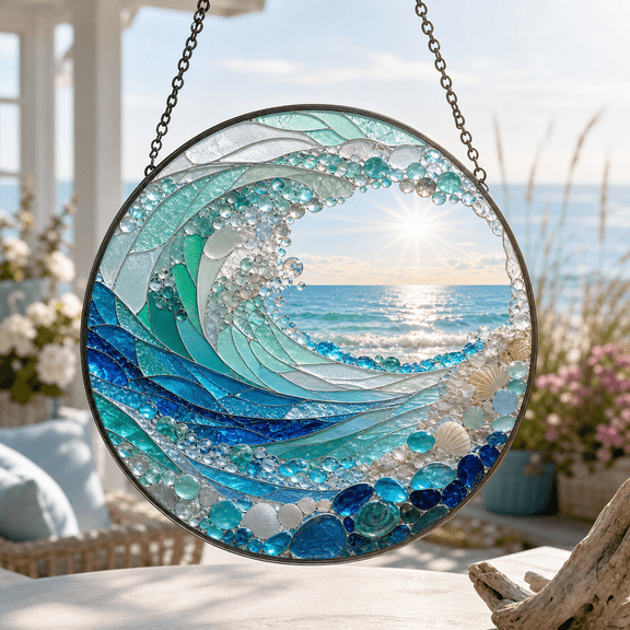 Sea Glass Stained Glass Suncatcher Window Hanging Coastal Wave Gift