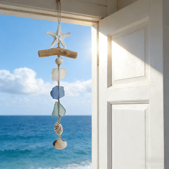 Sea Glass Starfish Door Decorations Hanging, Beige Wooden Piece, Living Room Wall Decor, Farmhouse Home Accent