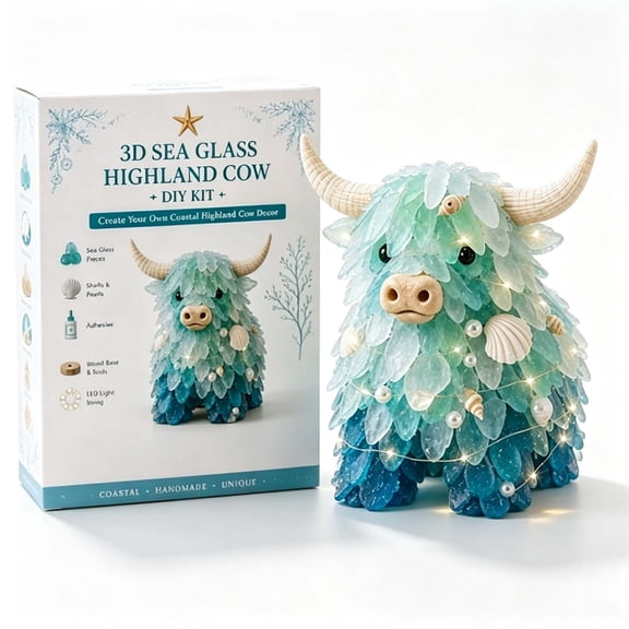 Sea Glass Style Figurine, Highland Cow Statue with Shells & Pearl Accents, Perfect For Home, Room, Desk, Shelf, Great Christmas Gift