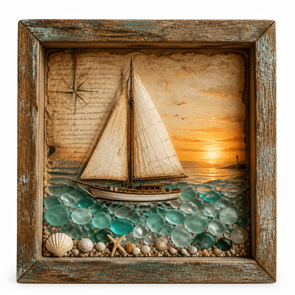 Sea Glass Style Shadow Box Night Light, Coastal LED Glass Box Light, Ocean Decor Accent Light for Bedroom Living Room Shelf Home Decor