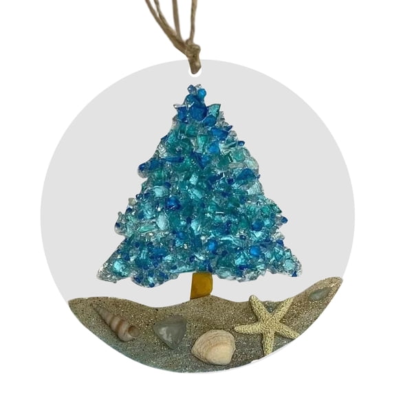 Sea Glass Suncatcher - Christmas Tree Beach Ornament - Beach Lover Holiday Gift - Hanging Ornament On Acrylic Circle Sea Glass Pieces Light Catcher for Beach Themed Home Interiors (Tree 1PCS)