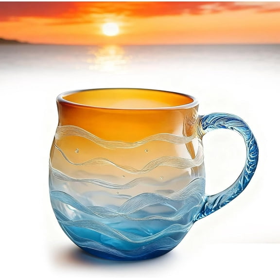 Sea Glass Sunset Mug, 12oz Handcrafted Ocean Wave Glass Cup, Beach Sunset Coffee Mug for Tea, Coffee & Cocktails, Unique Gift for Ocean Lovers