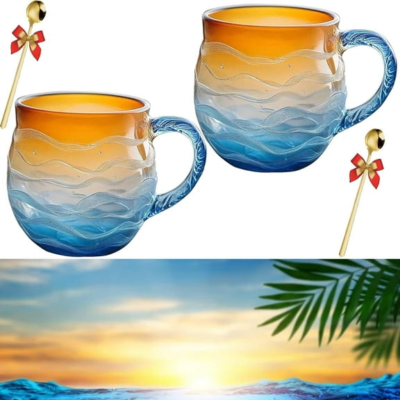 Sea Glass Sunset Mug, Handcrafted Ocean Wave Pattern Coastal Beach Themed Mug 12 OZ, Unique Textured Artistic Drinkware for Coffee Tea Gift for Ocean Beach Surf Lovers