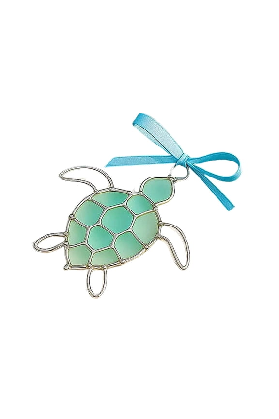 Sea Glass Turtle Figurine 2D Wall Art Decor Handcrafted Coastal Theme Gift for Beach Lovers Nautical Home Accent Tabletop Display