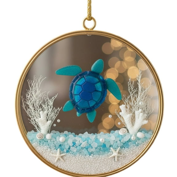 Sea Glass Turtle Ornament For Christmas Tree Decoration Ocean Theme Holiday Decor Hanging Ornament 3.15 Inches Size Set Of 1 Piece