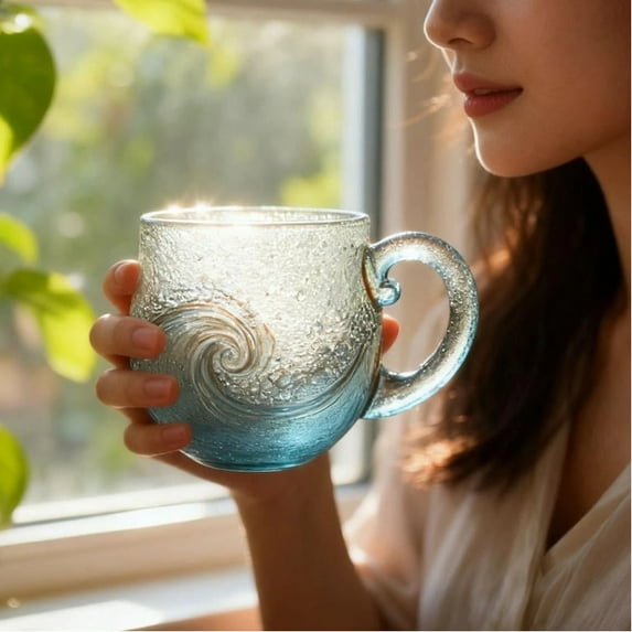 Sea Glass Wave Mug, Beach Glass,12oz Handcrafted Ocean Theme Coffee Mug Cup with Textured Sea Wave Design, Unique Glassware for Tea, Coffee, Cocktails, Beach Lovers & Gift Giving with Silk Spoon