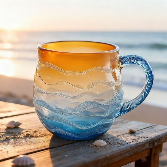Sea Glass Wave Mug, Beach Glass,12oz Handcrafted Ocean Theme Coffee Mug Cup with Textured Sea Wave Design, Unique Glassware for Tea, Coffee, Cocktails, Beach Lovers & Gift Giving with Silk Spoon