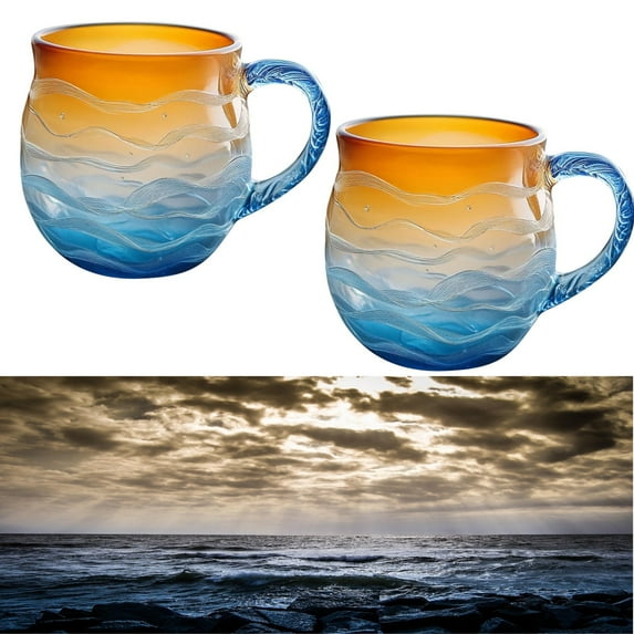 Sea Glass Wave Mug, Beach Glass,12oz Handcrafted Ocean Theme Coffee Mug Cup with Textured Sea Wave Design, Unique Glassware for Tea, Coffee, Cocktails, Beach Lovers & Gift Giving with Silk Spoon