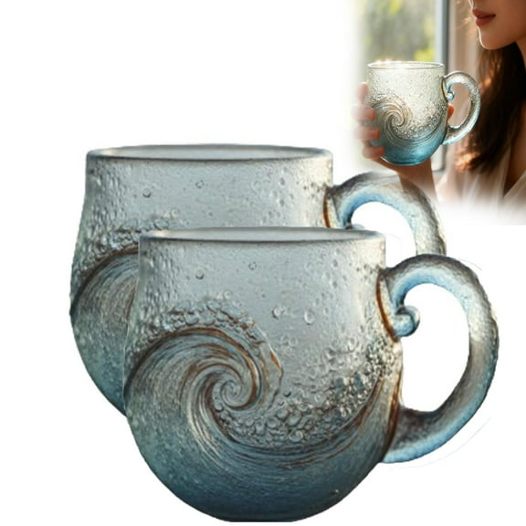Sea Glass Wave Mug,Beach Glass,Handcrafted Ocean Theme Coffee Mug Cup With Textured Sea Wave Design, Unique Glassware for Tea, Coffee, Cocktails, Beach Lovers & Gift Giving，2pcs