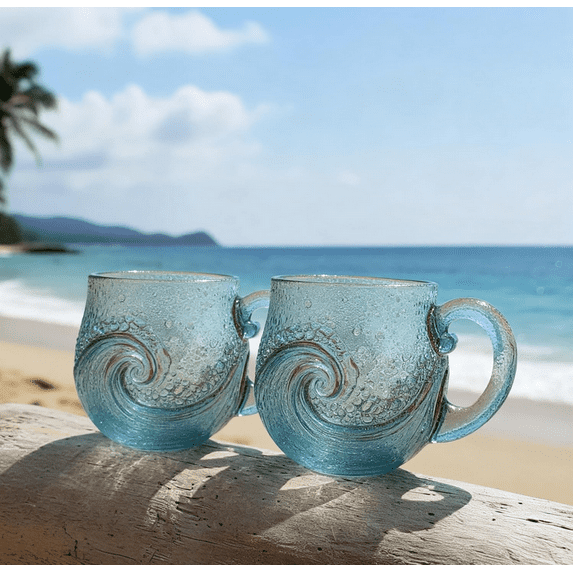 Sea Glass Wave Mug, Handblown Ocean Wave Glass Mug Cup, Unique Textured Beach Theme Mug for Tea, Wine, Handcrafted Sea Inspired Drinkware Gift for Ocean Lovers, 12 oz 2PC