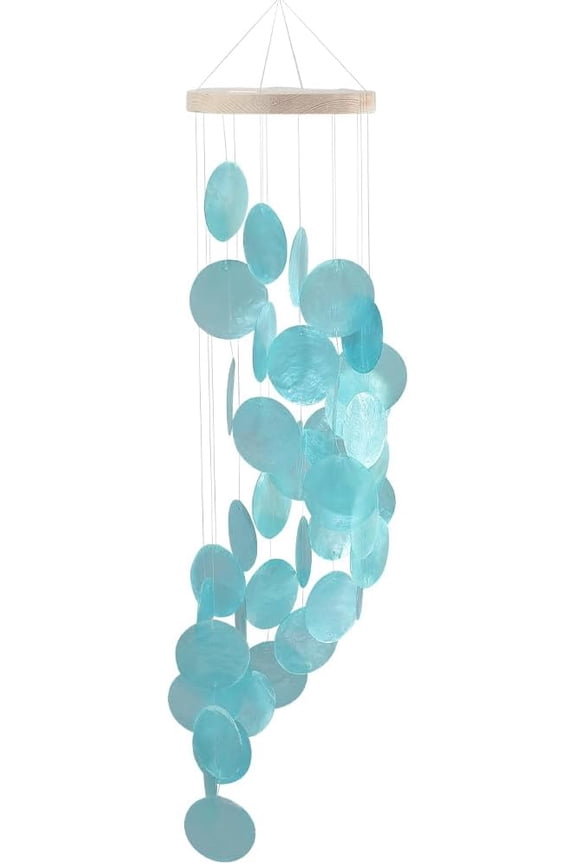 Sea Glass Wind Chime Blue Capiz Windchimes Outdoors Relaxing Coastal Sound Natural Seashell Handcrafted Pendants for Outdoor Indoor Front Porch Garden Patio Beach Style Decor 21.6In Long