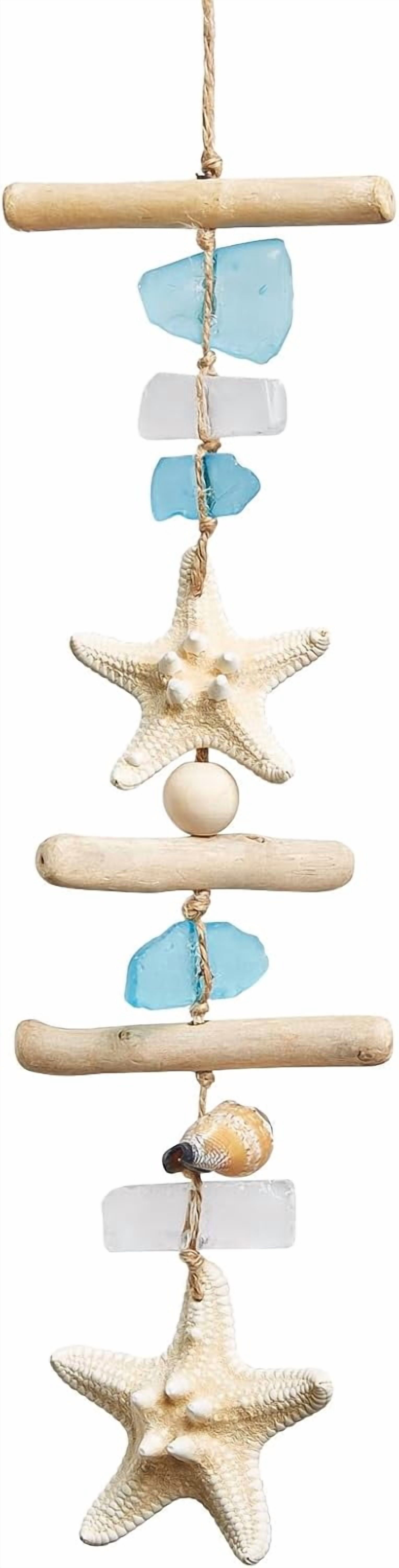 Sea Glass Wooden Nautical Wall Decor, Coastal Starfish Bathroom Decor Sea Shells, Driftwood Beach Room Decor for Home Indoor Outdoor, Coastal Wall Art for Living Room, Bedroom and Dining Room