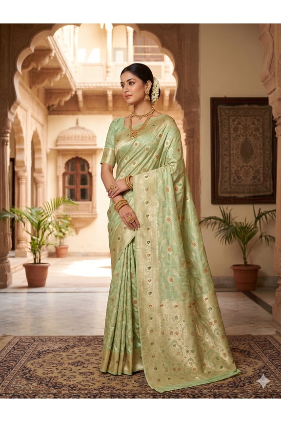 Sea Green Woven Zari Banarasi Silk Saree for Wedding & Festive Wear with Unstitched Blouse