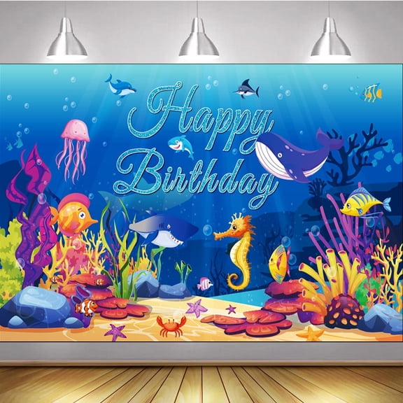 Under The Sea Happy Birthday Backdrop, Ocean Animal Happy Birthday Banner, Under Ocean Theme Birthday Photography Background Banner for Underwater Baby Shower Birthday Party Decorations
