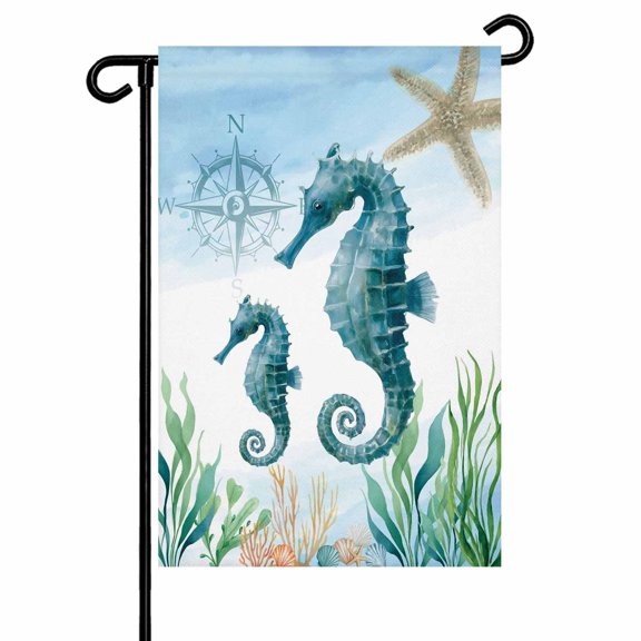 Sea Hippocampus Compass Garden Flags for Outside Bule Sea Starfish Shell Double Sided Yard Flags Outdoor House Decoration, Small 12X18 Inch,
