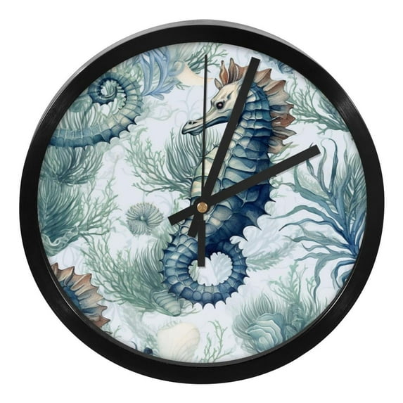 Sea Horse 9.8 Inch Silent Round Digital Wall Clock - Battery Operated Clocks for Bedroom Living Room Kitchen Bathroom Decoration