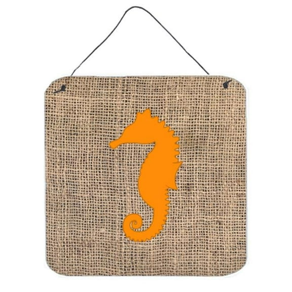 Sea Horse Burlap And Orange Aluminium Metal Wall Or Door Hanging Prints - 6 x 6 In.