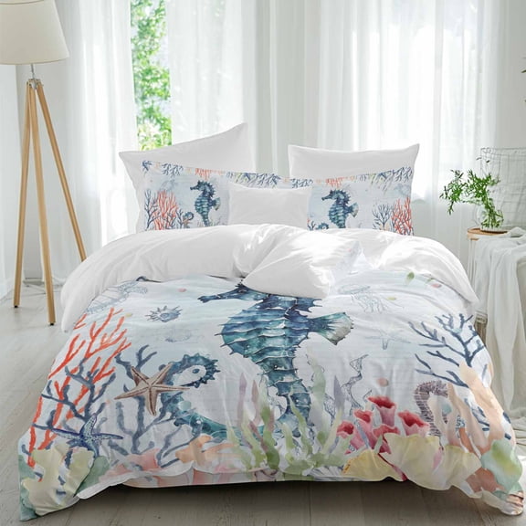 Sea Horse Full Size Comforter Set, Vintage Ocean Animals Colorful Corals Seaweed Blue Bedding for All Seasons, 4 Pcs Bed Set, 1Quiltcover (86"x86") ,1Sheet(80"x116"), 2Pillowcases (30"x20")