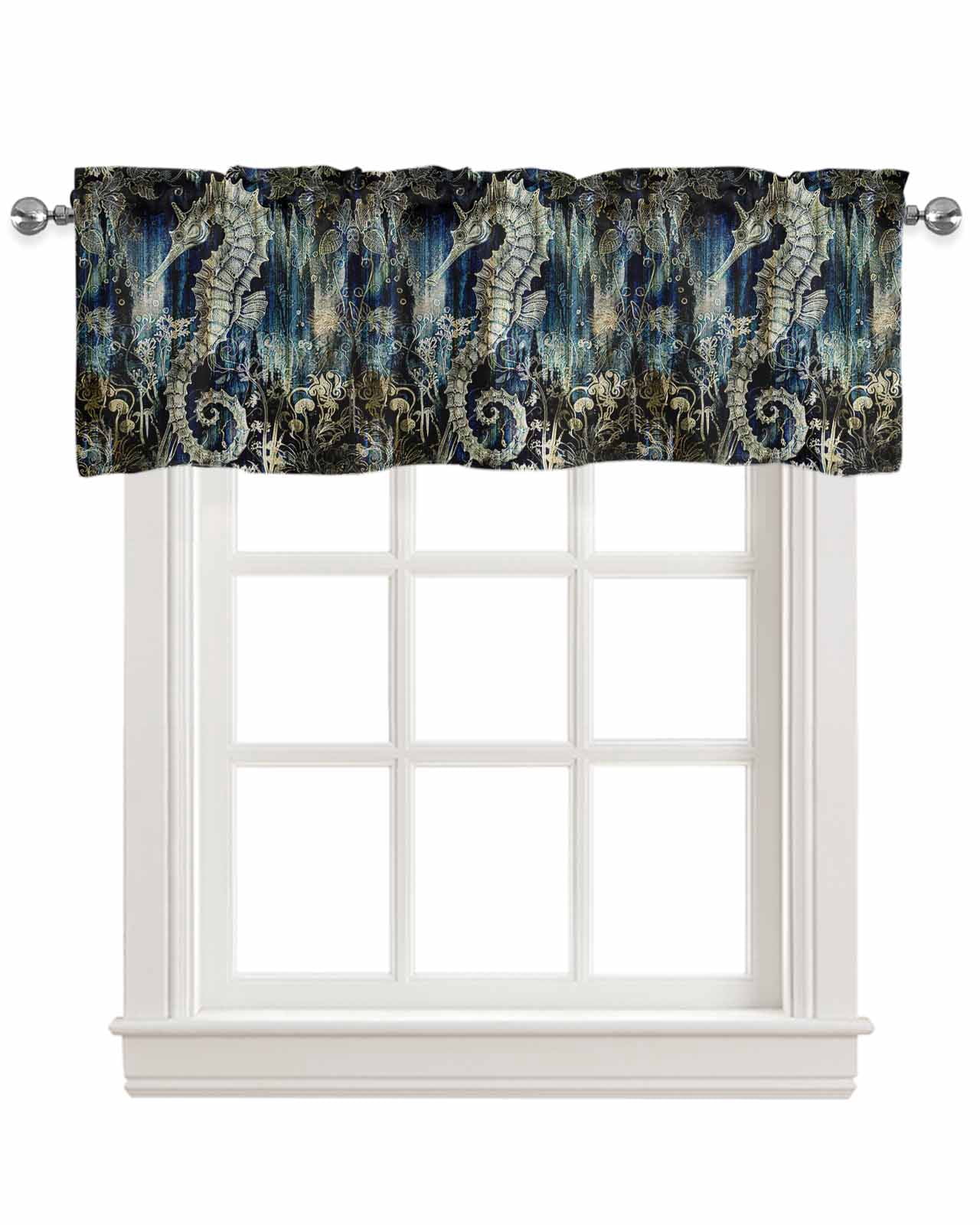 Sea Horse Linen Curtain Valance for Bedroom/Bathroom/Kitchen/Office/Living/Dining Room Window ...
