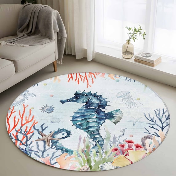 Sea Horse Round Living Room Rugs 4 ft, Vintage Watercolor Ocean Animals Colorful Corals Seaweed Blue Washable Area Rug Non-Slip Sturdy Edge Binding Round Carpet for Entryway Kitchen Bedroom Bathroom