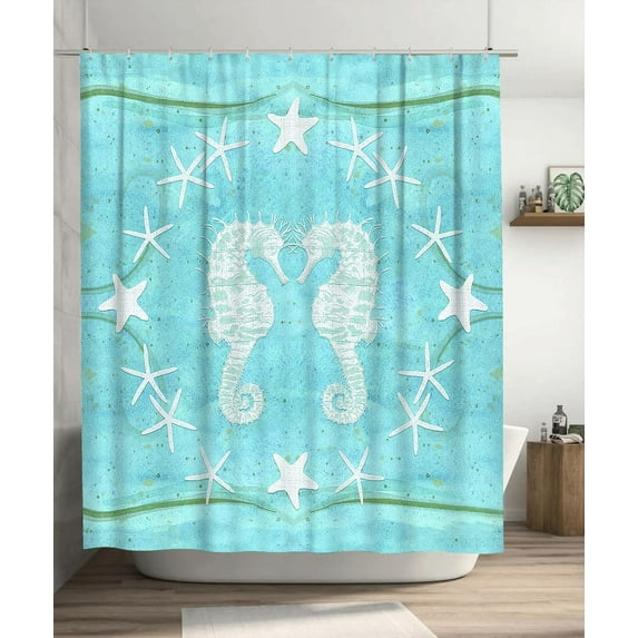 Sea Horse Shower Curtain Teal Ocean Animal Bathroom Shower Curtain Starfish Marine Life Bath Decor Fabric Waterproof Shower Curtains Set 72 x 72 Inch