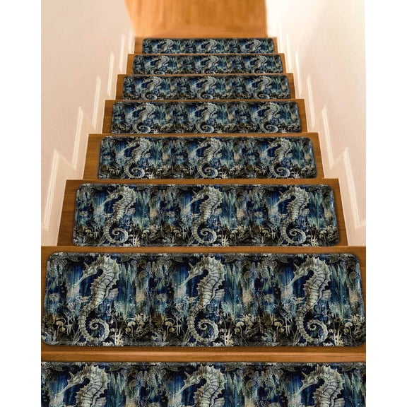Sea Horse Stair Treads for Wooden Steps Indoor Runner Rug Carpet, Coastal Ocean Golden Navy Blue Floral Leaf 4 Pieces Peel and Stick Staircase Step Treads Covers Washable Throw Door Mats, 30"x8"