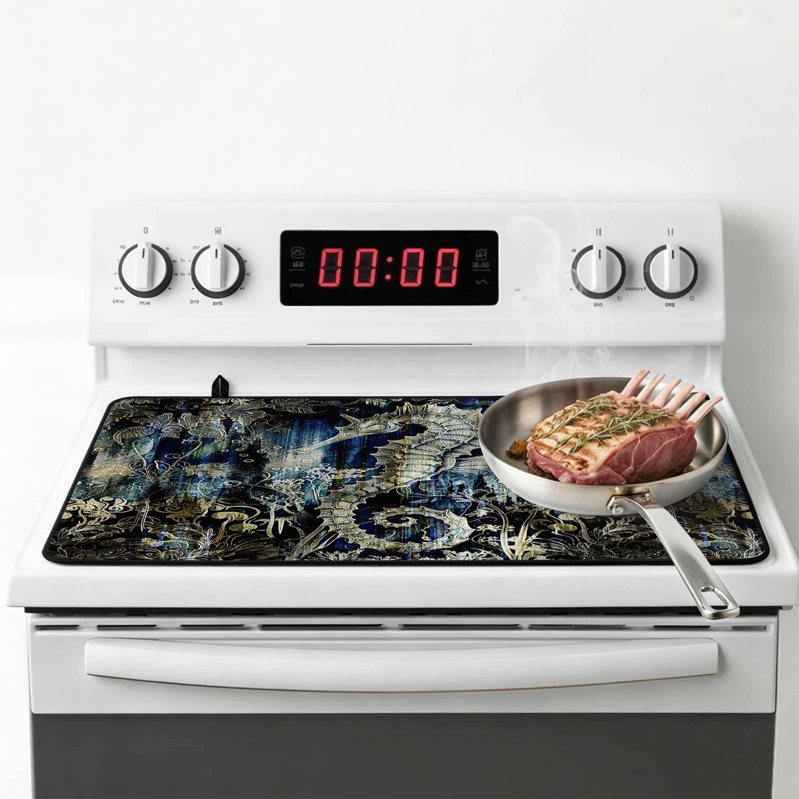 Sea Horse Stove Top Cover for Electric Stove, Heat-proof & Non Slip Glass Top Stove Cover Protector, Coastal Ocean Golden Navy Blue Floral Leaf Kitchen Flat Cooktop Rubber Mat 24x21 Inches